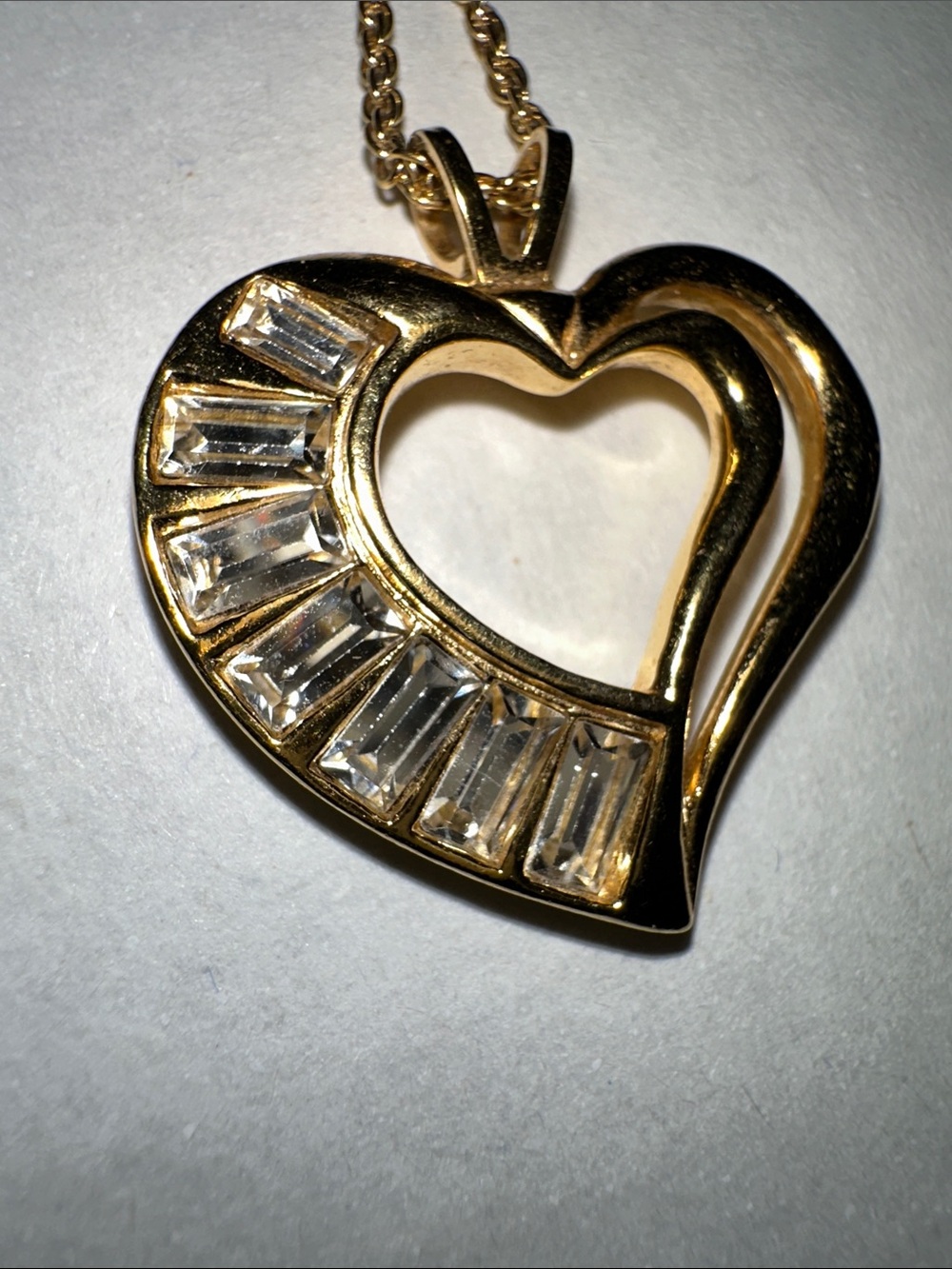 Vintage Avon Gold Tone Open Heart Necklace Baguette Rhinestone Pendant 1980s